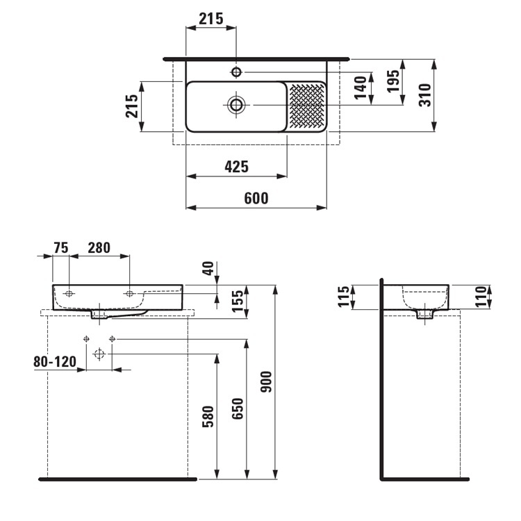 Laufen "Val" 8.1728.5.000.104.1 Washbasin 'compact', undersurface ground, with semi-wet area right *SaphirKeramik*