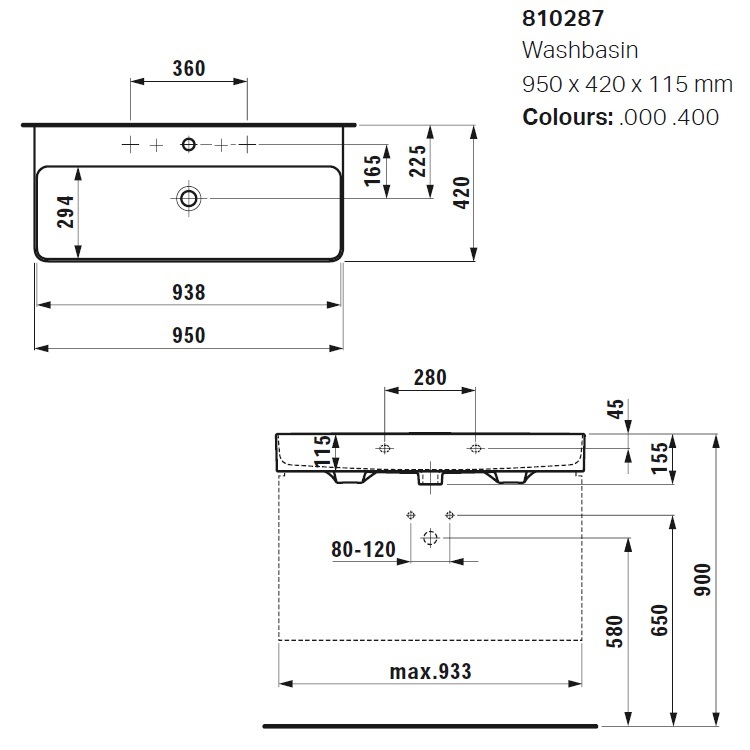 Laufen "Val" 8.1028.7.000.107.1 Wall Hung or Countertop Washbasin (with Overflow & 2 Tap Hole) *SaphirKeramik*