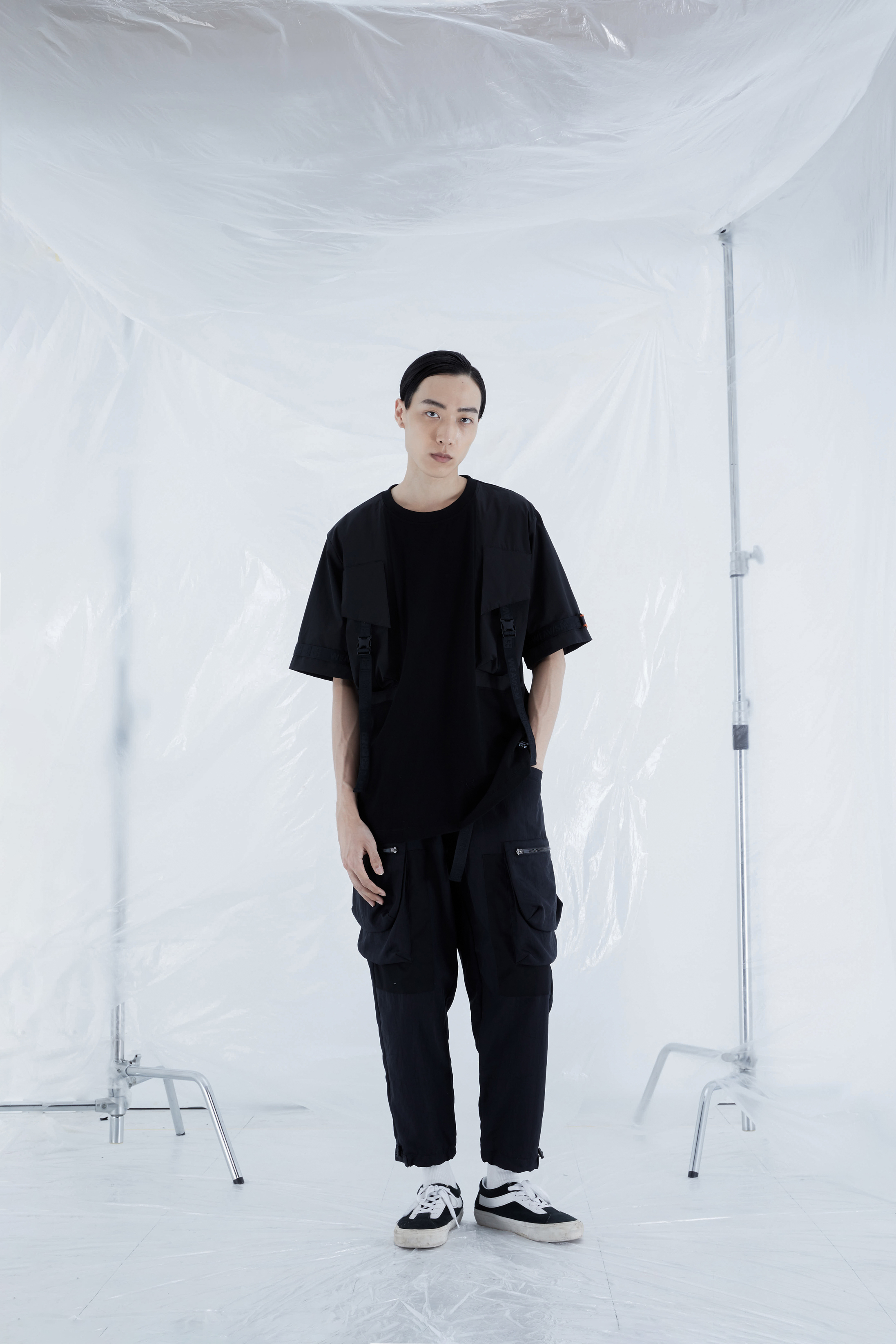 雙層立體袋錐形褲 - 黑