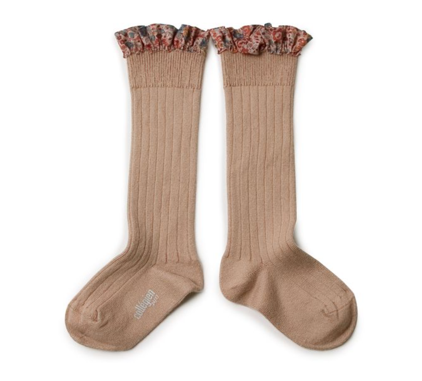 COLLÉGIEN - Elisabeth Liberty Ruffle Ribbed Knee-high Socks（Petite Taupe）