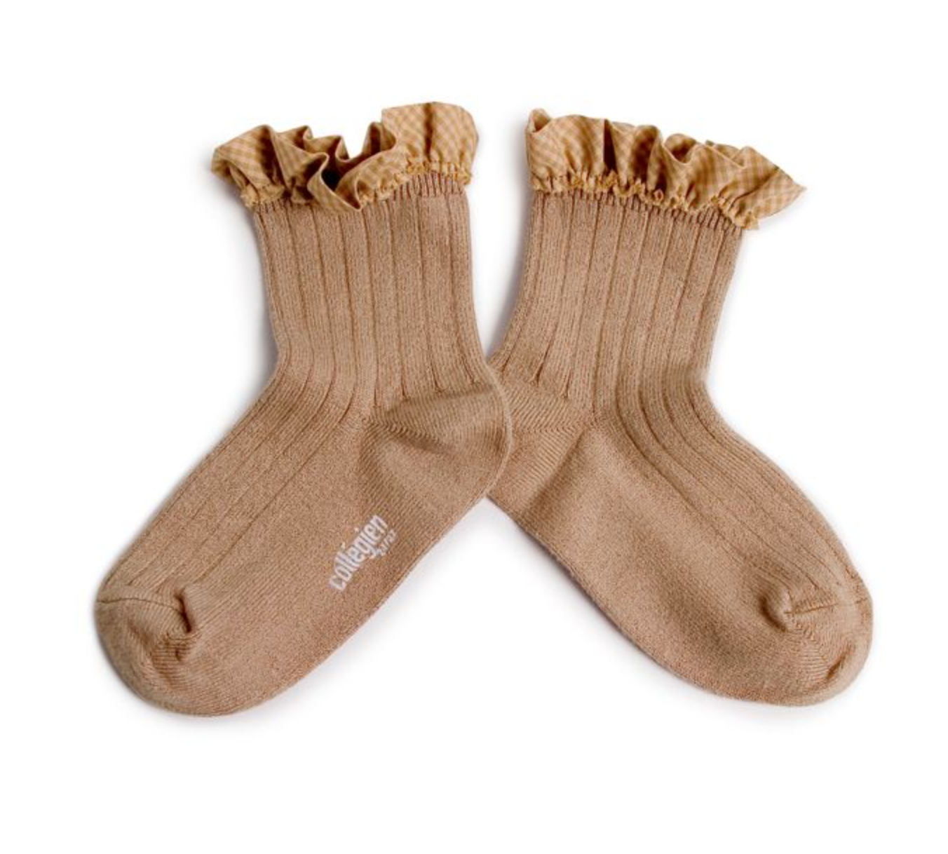 COLLÉGIEN - Brigitte Gingham Ruffle Ribbed Ankle Socks（Petite Taupe）
