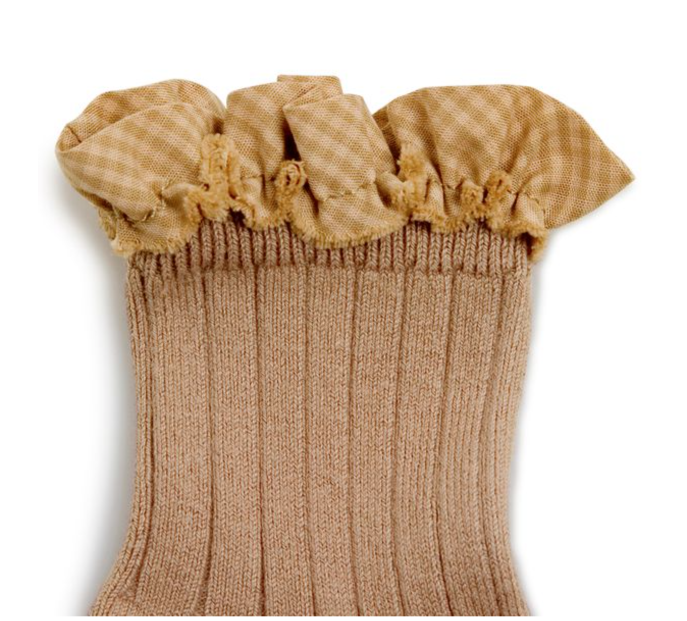 COLLÉGIEN - Brigitte Gingham Ruffle Ribbed Ankle Socks（Petite Taupe）
