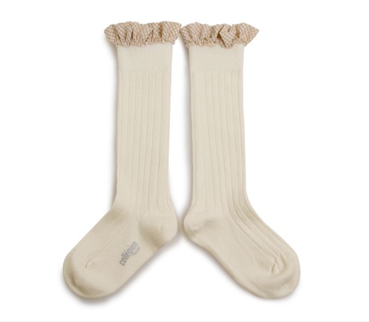 COLLÉGIEN - Apolline Gingham Ruffle Ribbed Knee-high Socks（Doux Agneaux）