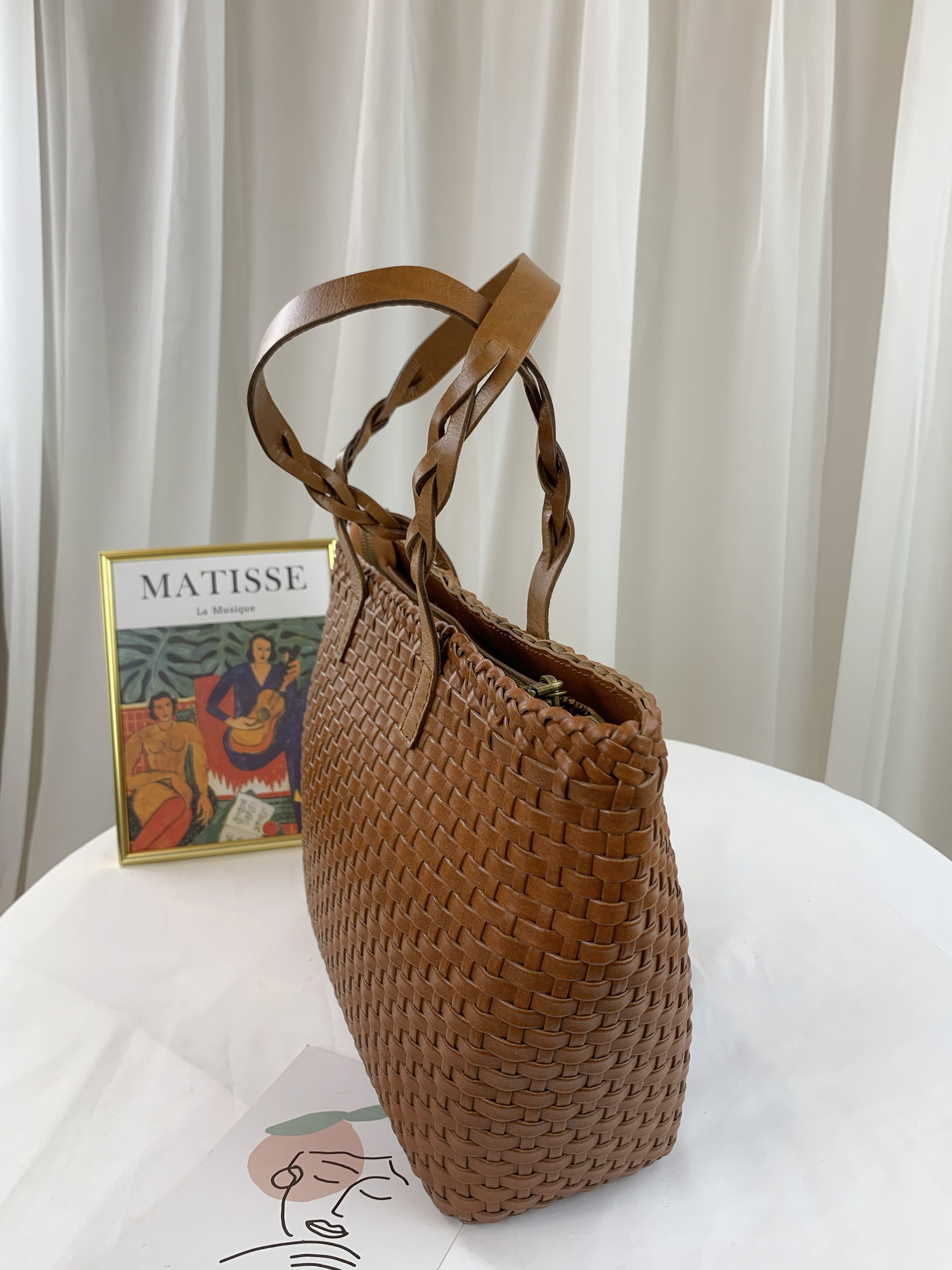 ｜限時優惠｜ 焦糖棕 編織牛皮手提包 #18058