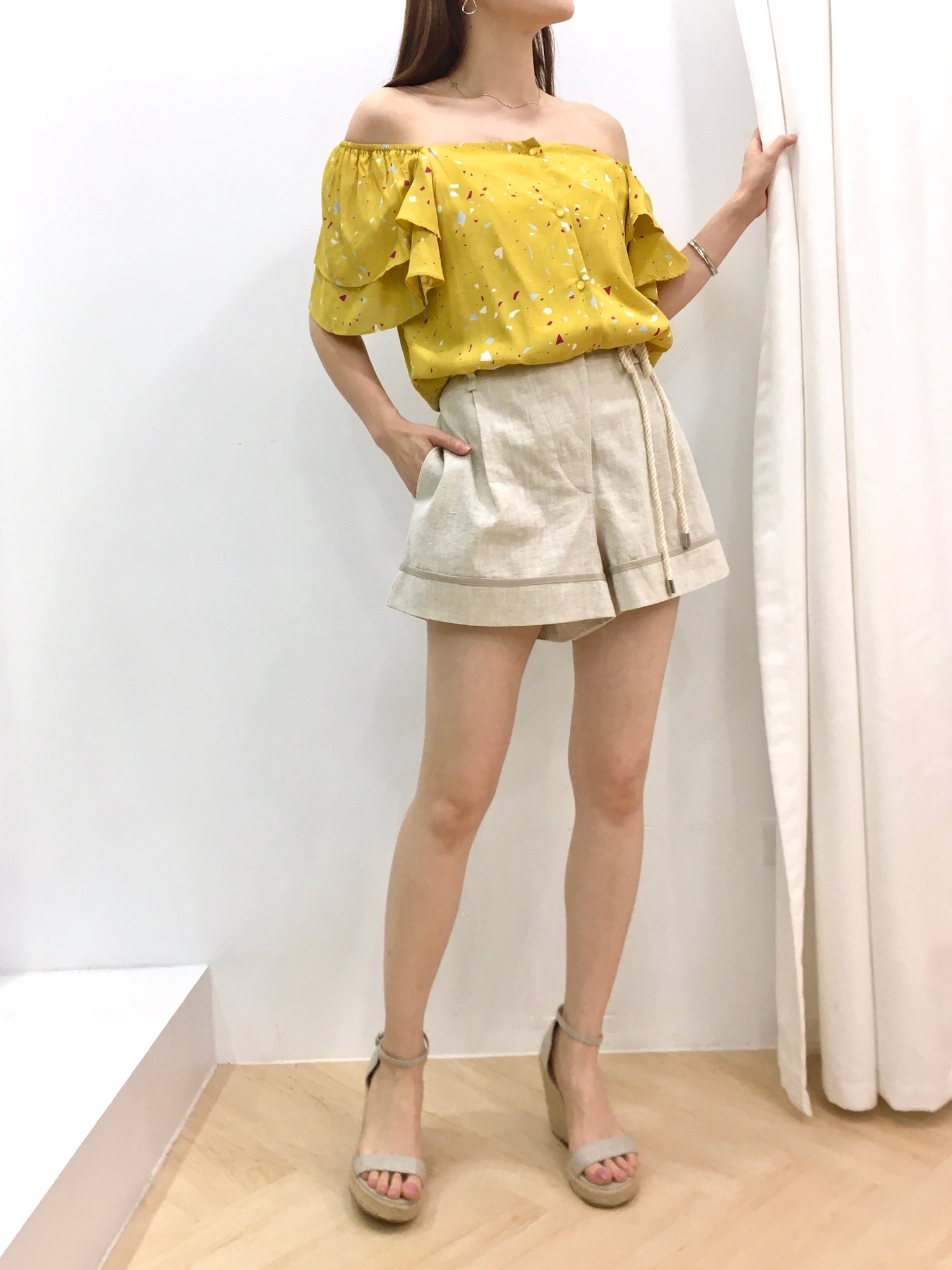 棉麻綁帶滾邊短褲