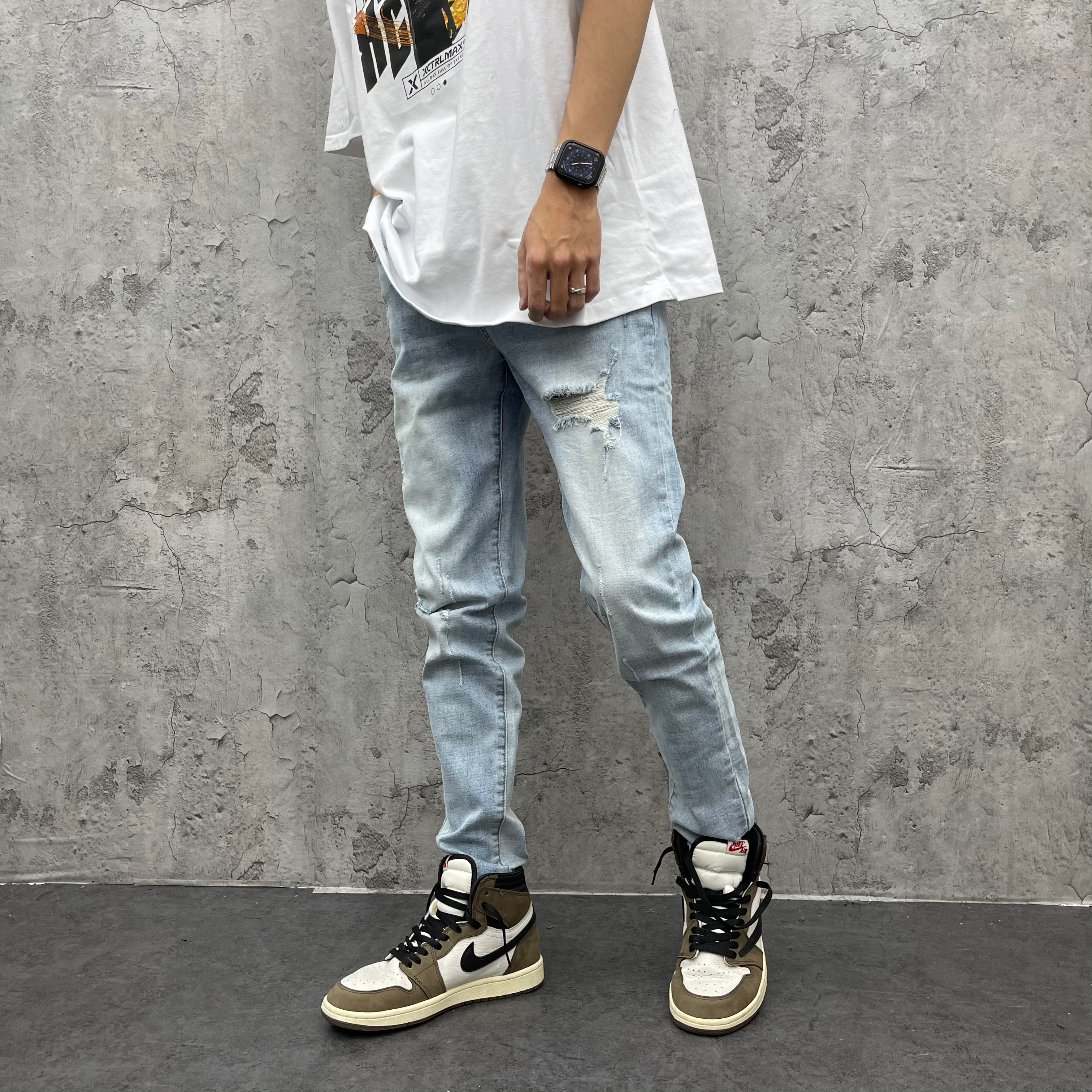 XCTRL 小直筒破壞牛仔褲-藍