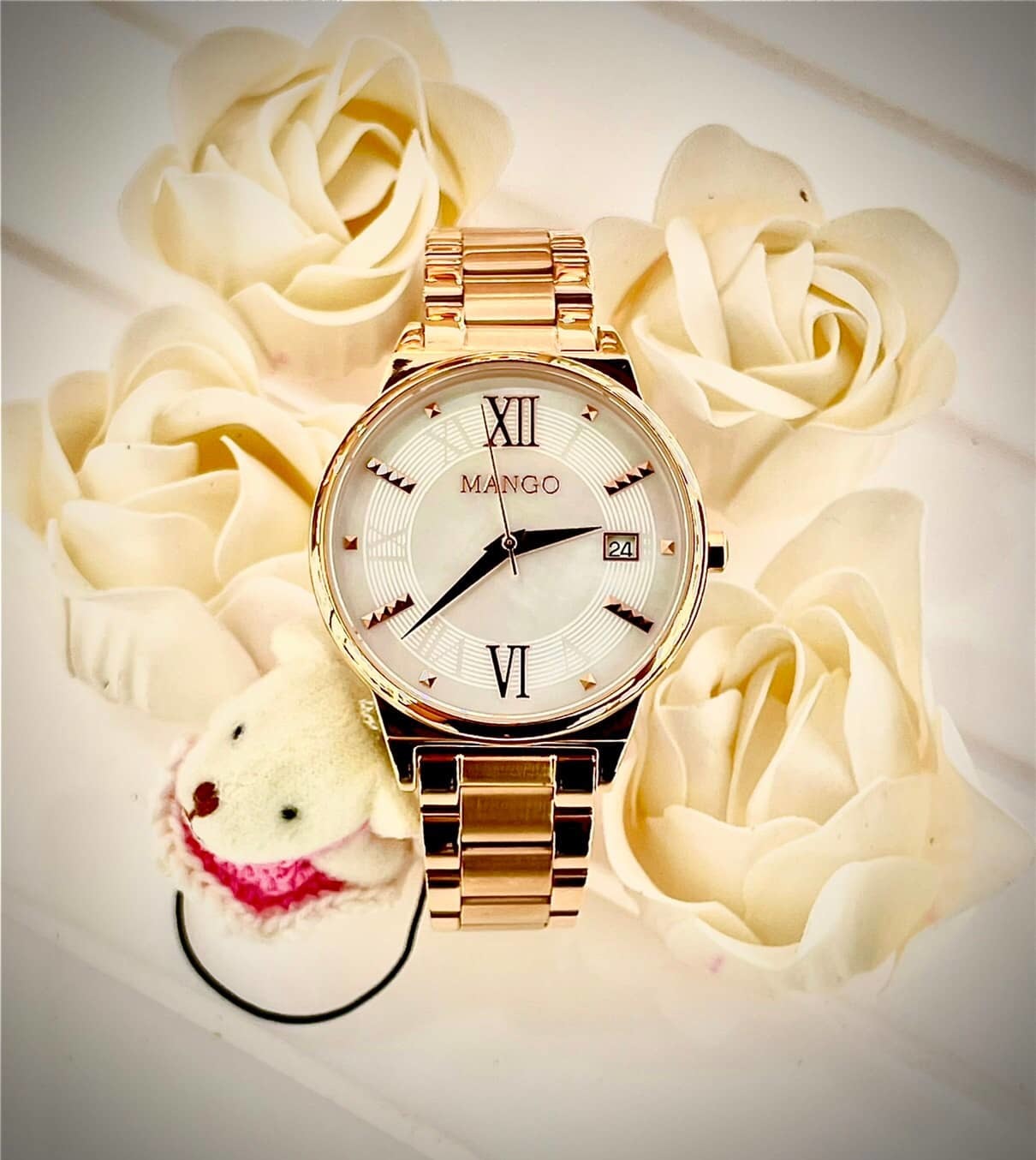 【MANGO】羅馬時刻珍珠螺貝面盤女錶-玫白色 MA6756L-80R 36mm 現代鐘錶