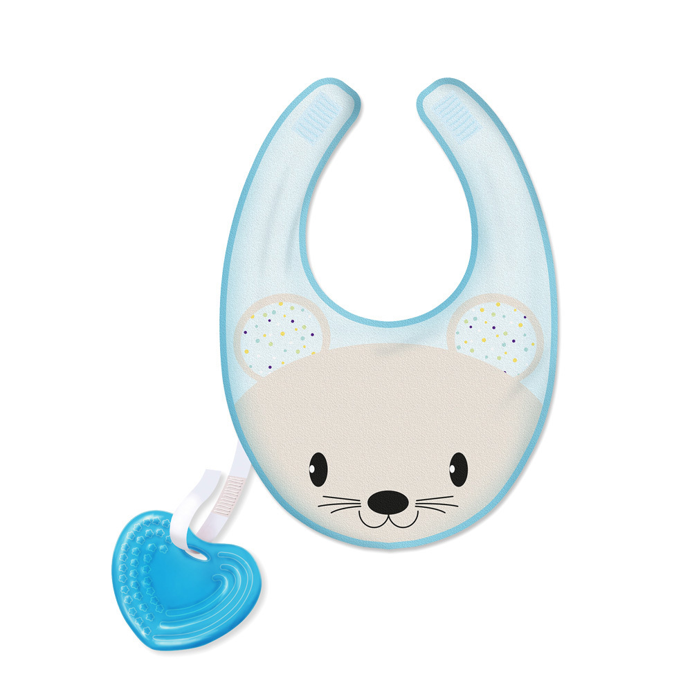 動物棉織圍兜-附掛矽膠固齒器-藍