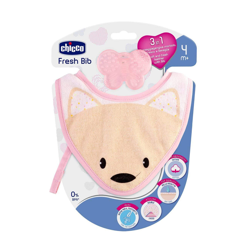 動物棉織圍兜-附掛矽膠固齒器-粉