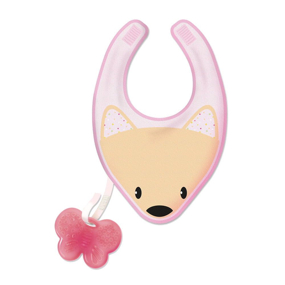 動物棉織圍兜-附掛矽膠固齒器-粉
