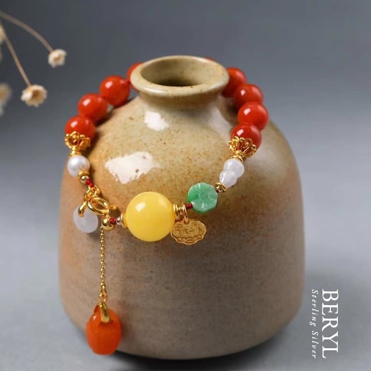 天然川料南紅瑪瑙蜜蠟平安扣手鍊