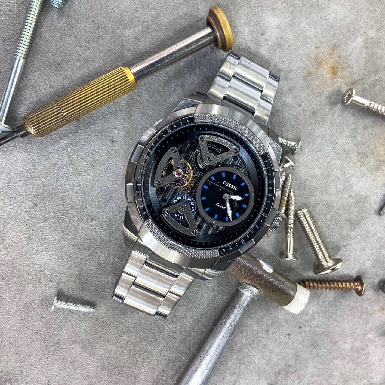 【FOSSIL】Bronson Twist 科技感雙機芯鏤空灰色不鏽鋼帶男錶  ME1171 50mm 現代鐘錶