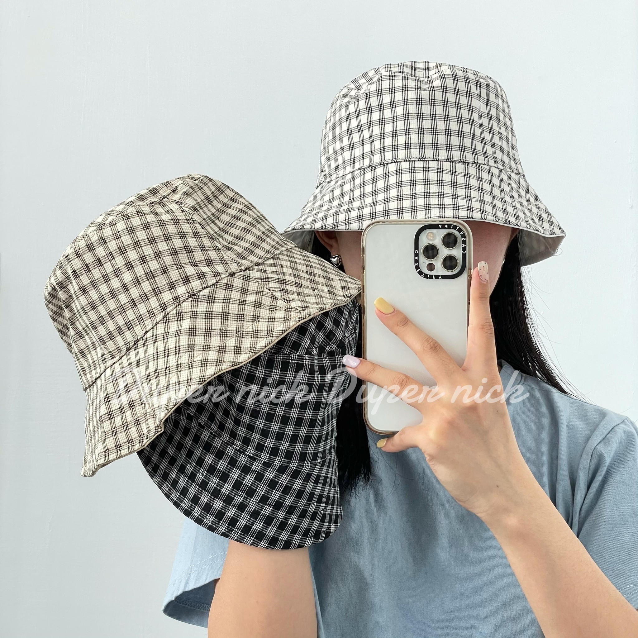 韓國 格紋 雙面 漁夫帽