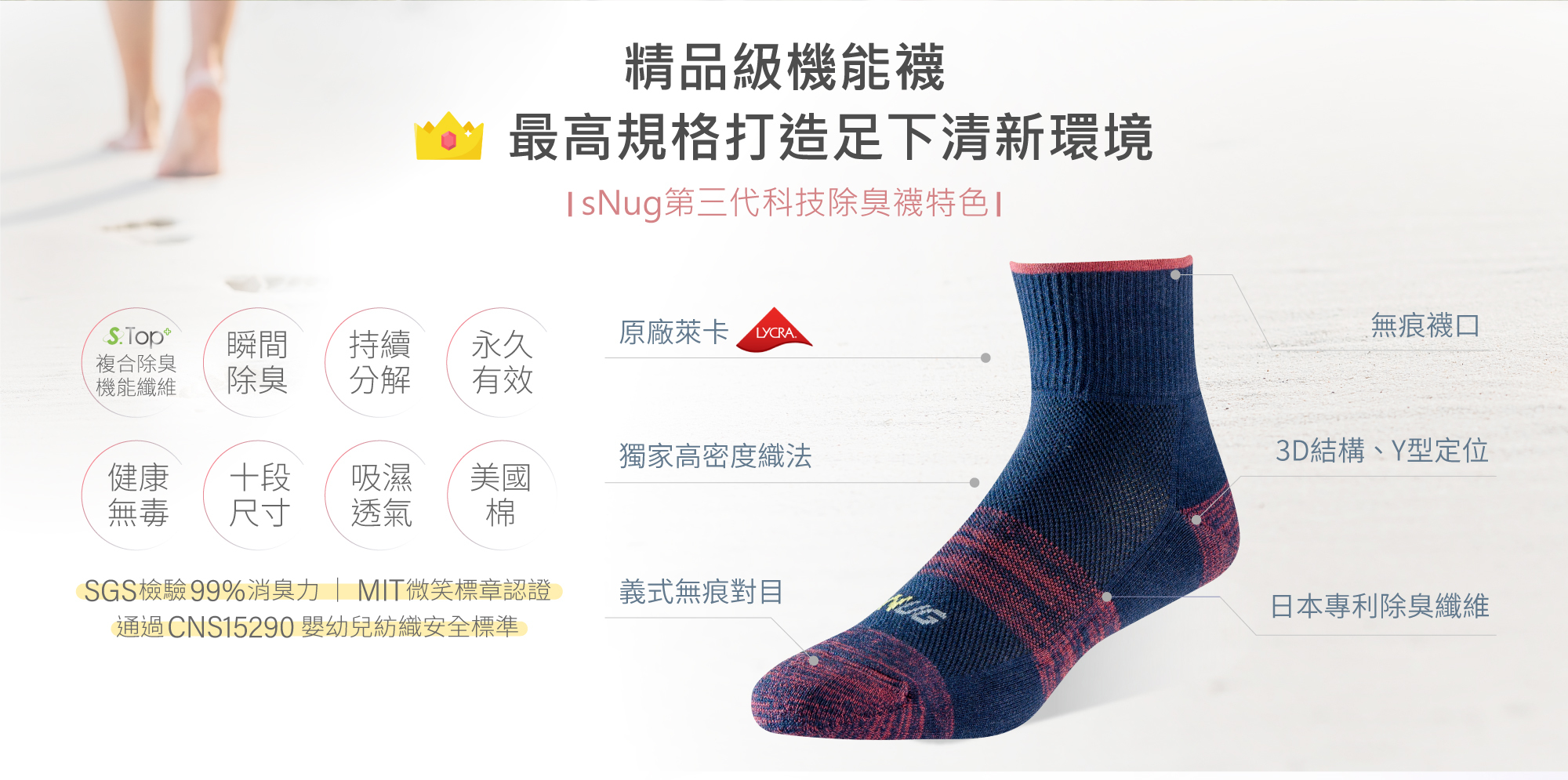 sNug精品級機能襪，最高規格打造足下清新環境，S-TOP+複合除臭機能纖維、瞬間除臭、持續分解、永久有效、健康無毒、十段尺寸、吸濕透氣、美國棉，SGS檢驗99%消臭力、MIT微笑標章認證、通過CNS15290嬰幼兒紡織安全標準，原廠萊卡LYCRA