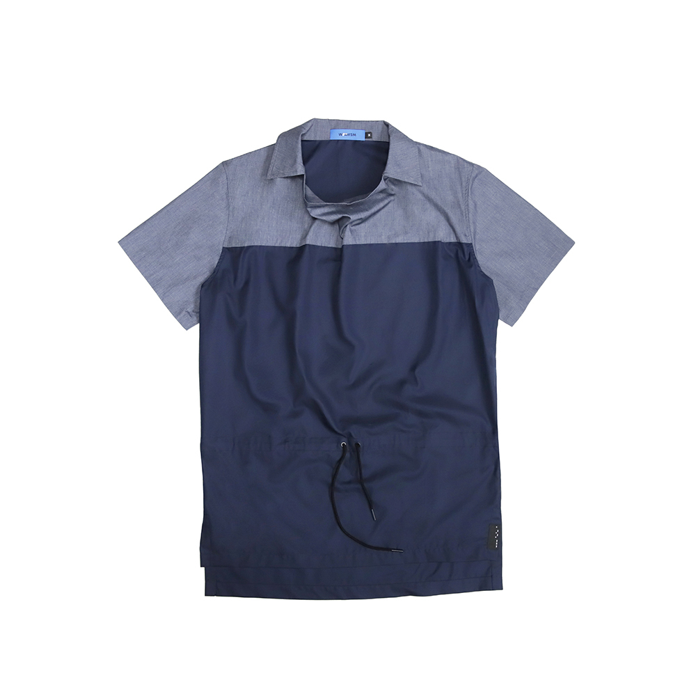 寬領抽繩短袖上衣 - 藏青