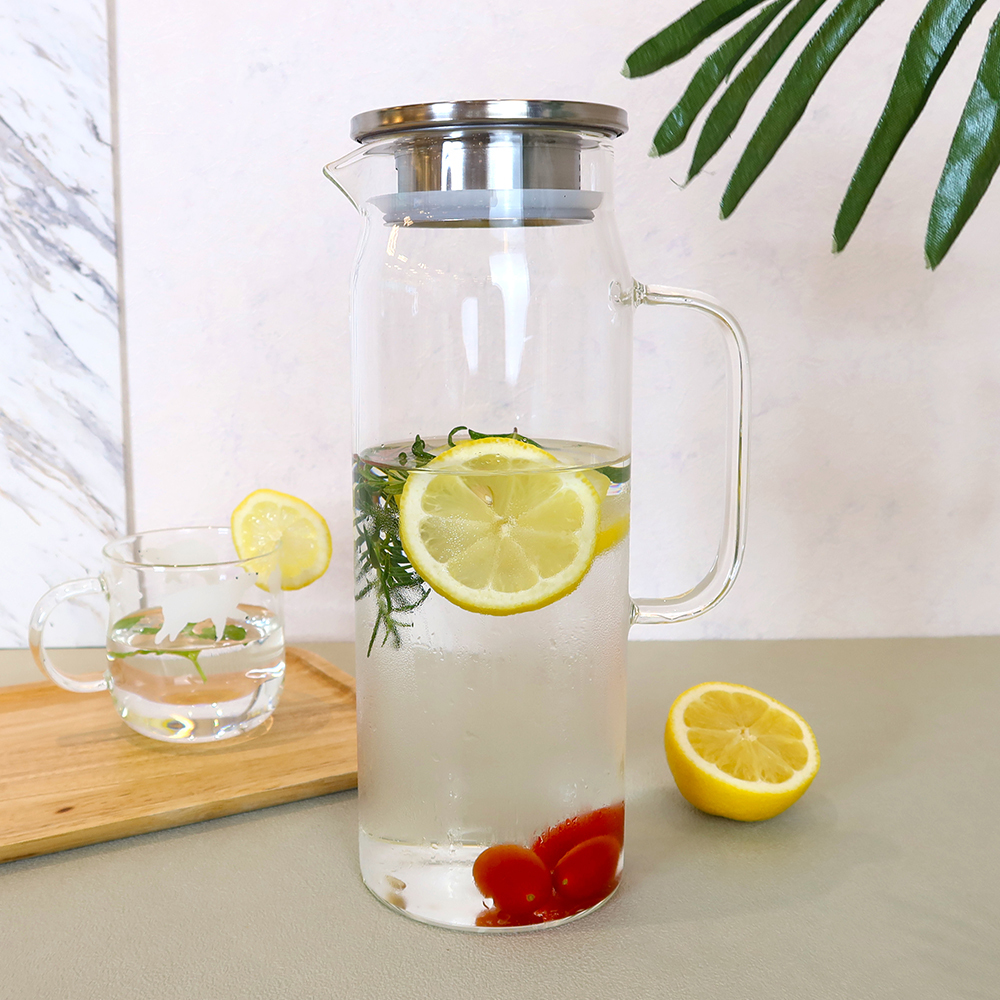 直筒不鏽鋼蓋耐冷熱玻璃水壺 1.4L