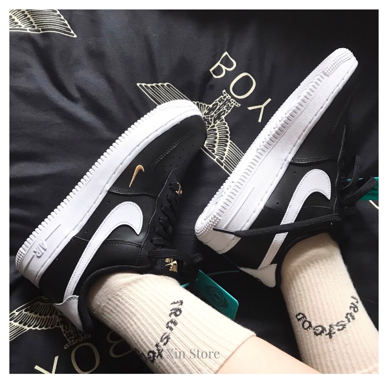 【現貨】Nike Air Force 1 Low Mini Swoosh 雙勾 小金勾 金釦 極致黑 #女款