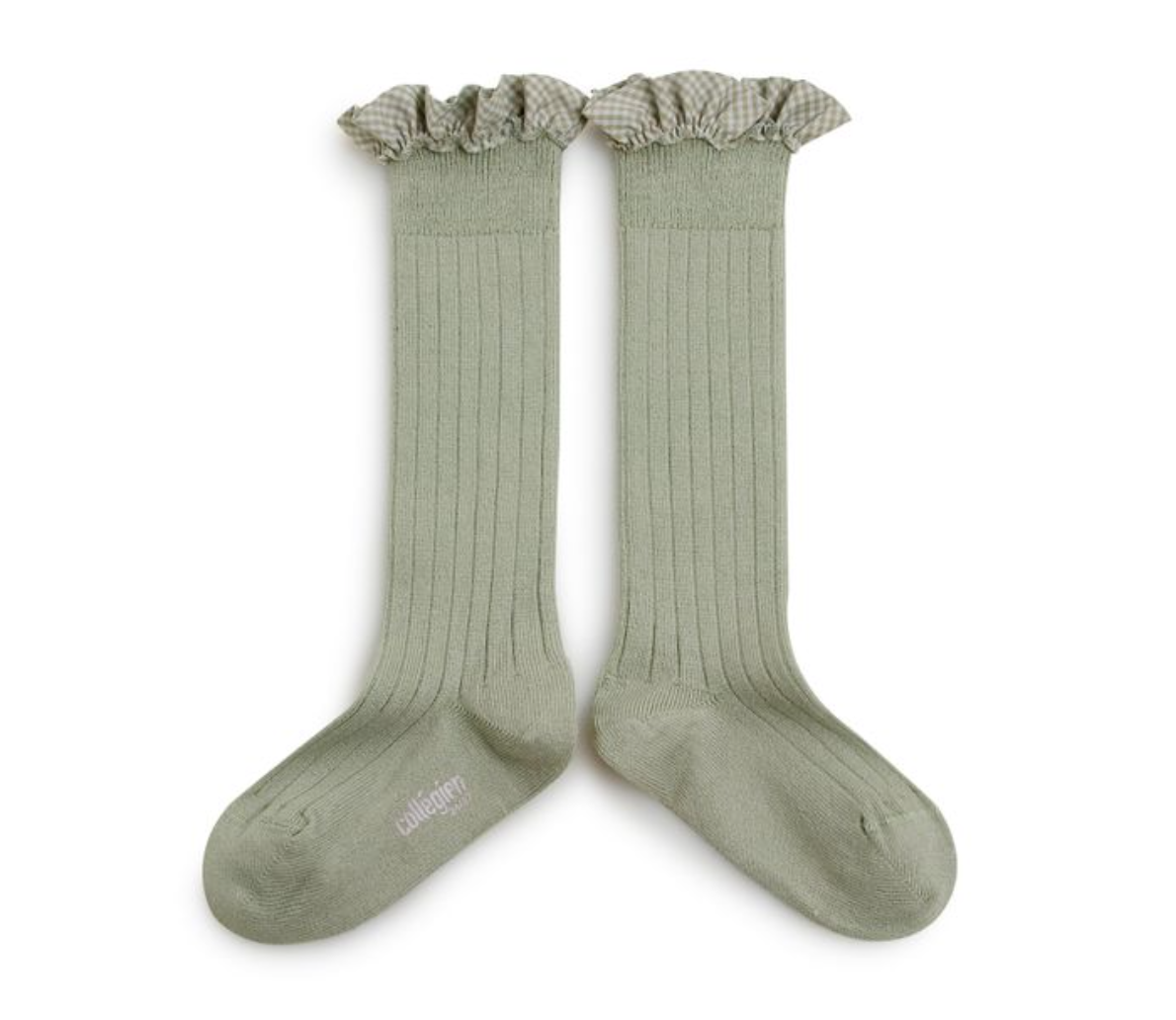 COLLÉGIEN - Apolline Gingham Ruffle Ribbed Knee-high Socks（Aigue Marine）