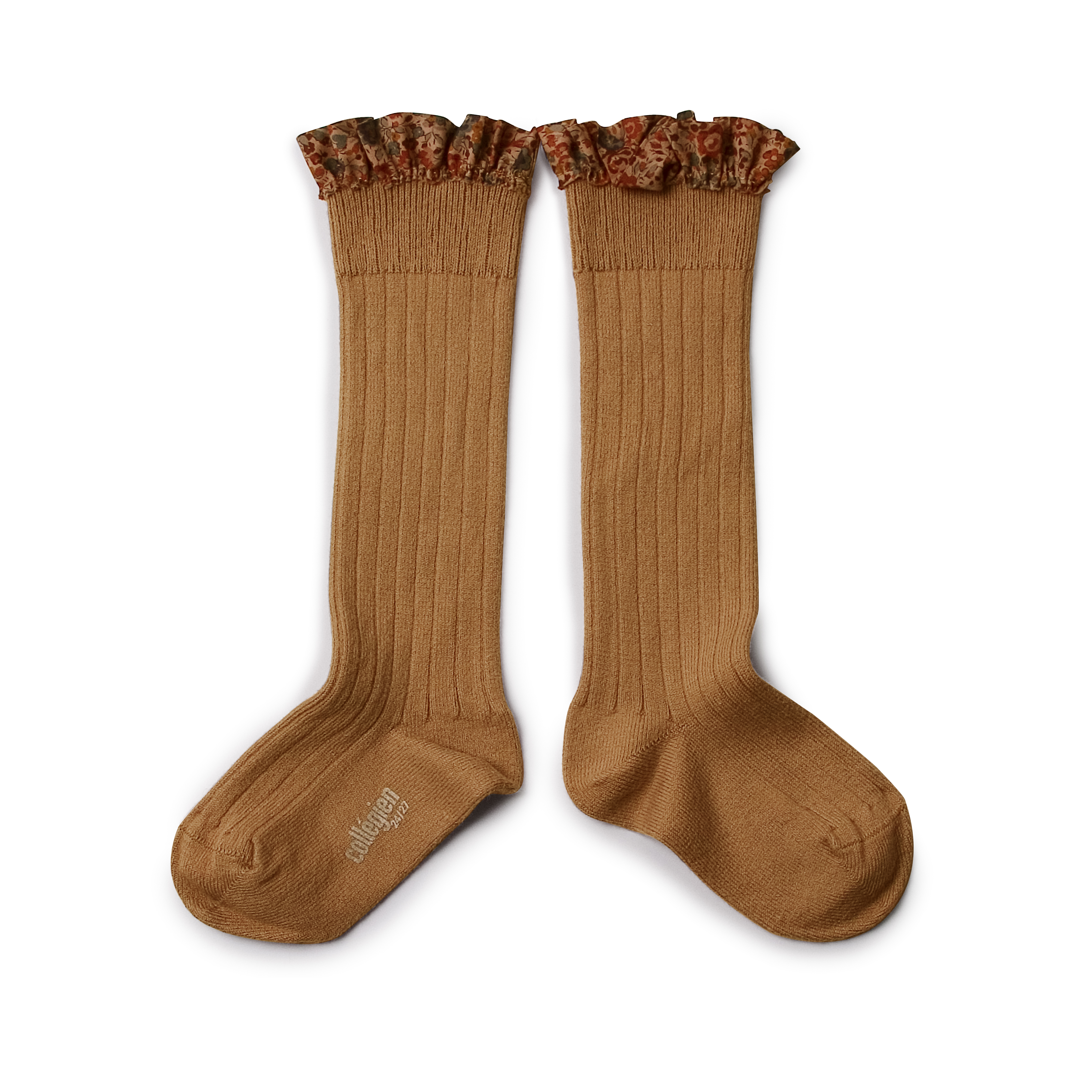 COLLÉGIEN - Elisabeth Liberty Ruffle Ribbed Knee-high Socks（Caramel au Beurre Sale）