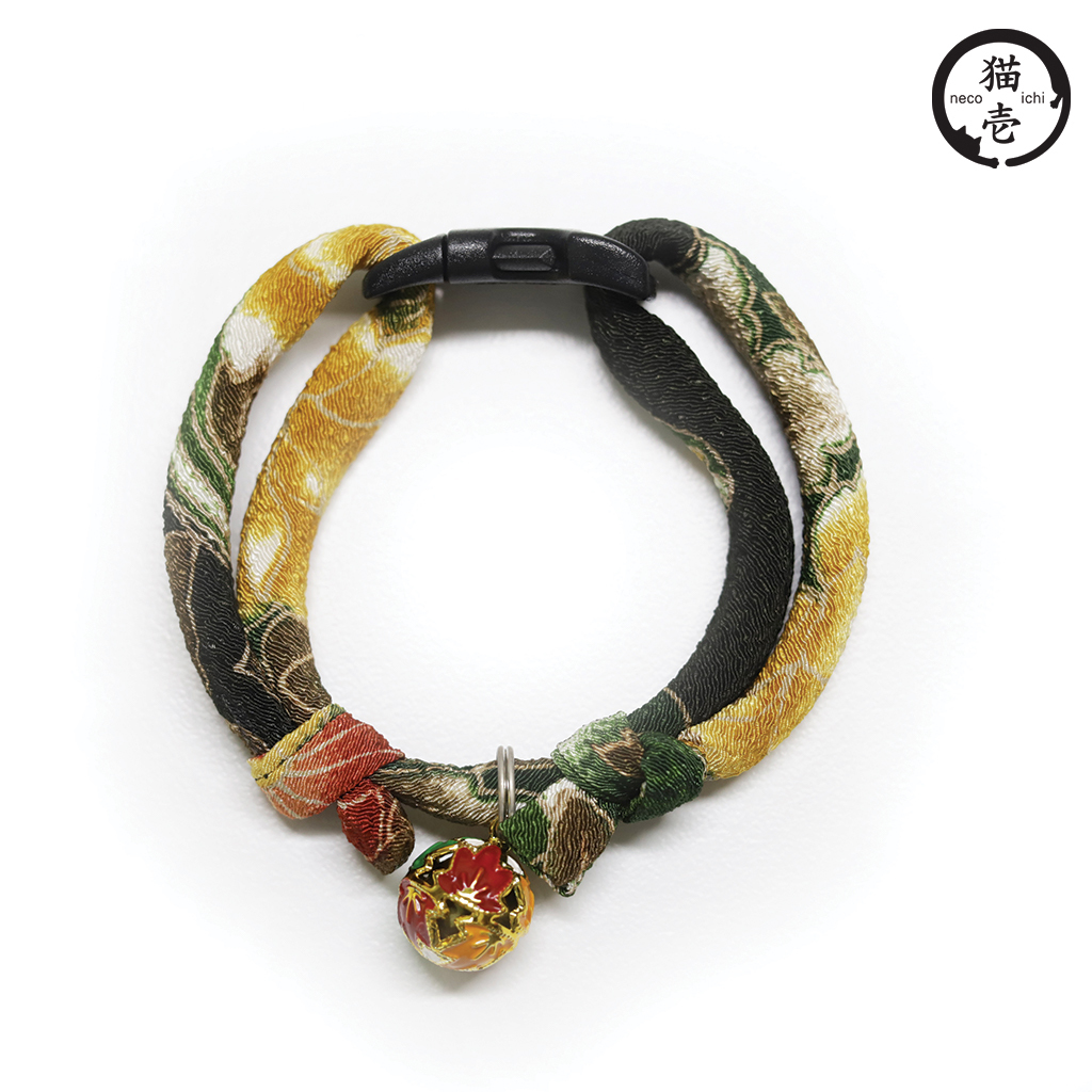 貓壹 手工和風安全項圈 縐綢楓葉鈴-綠