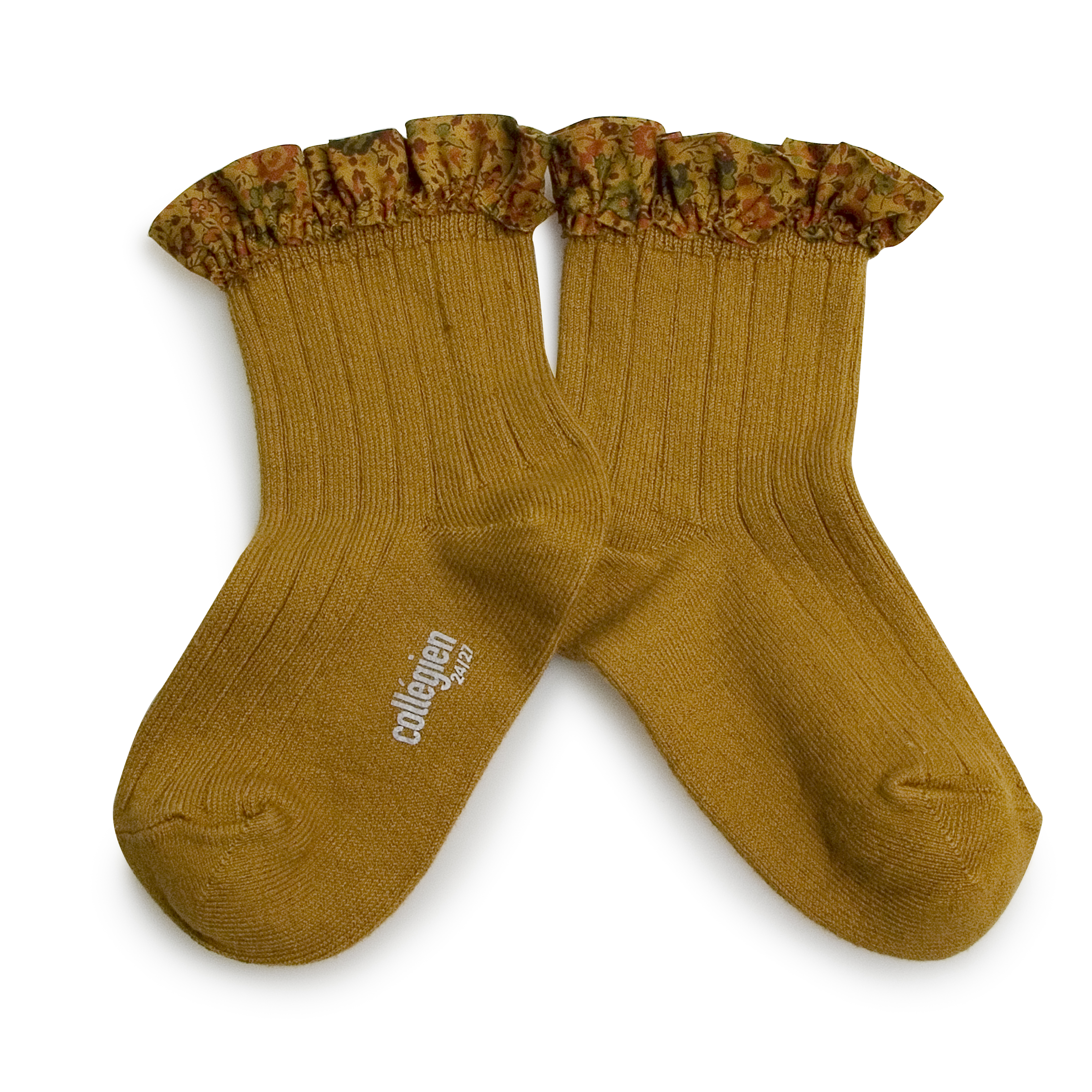 COLLÉGIEN - Charlotte Liberty Ruffle Ribbed Ankle Socks（Moutarde de Dijon）