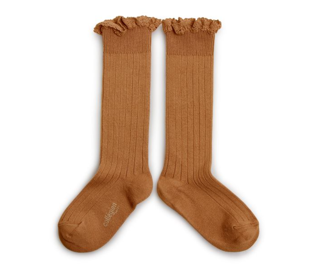COLLÉGIEN - Josephine Lace Trim Ribbed Knee-high Socks（Caramel au Beurre Sale）