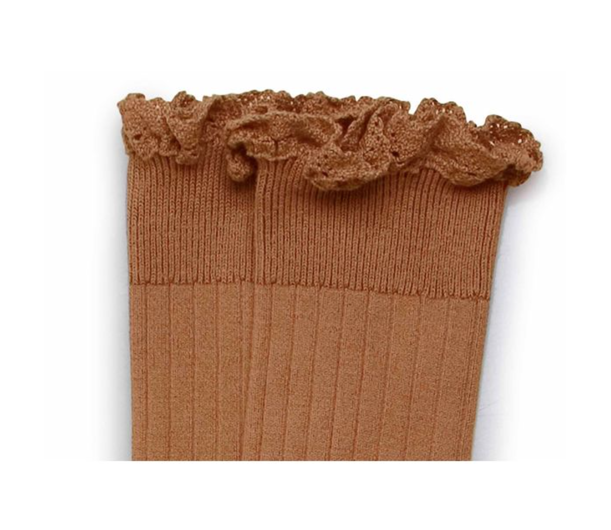 COLLÉGIEN - Josephine Lace Trim Ribbed Knee-high Socks（Caramel au Beurre Sale）