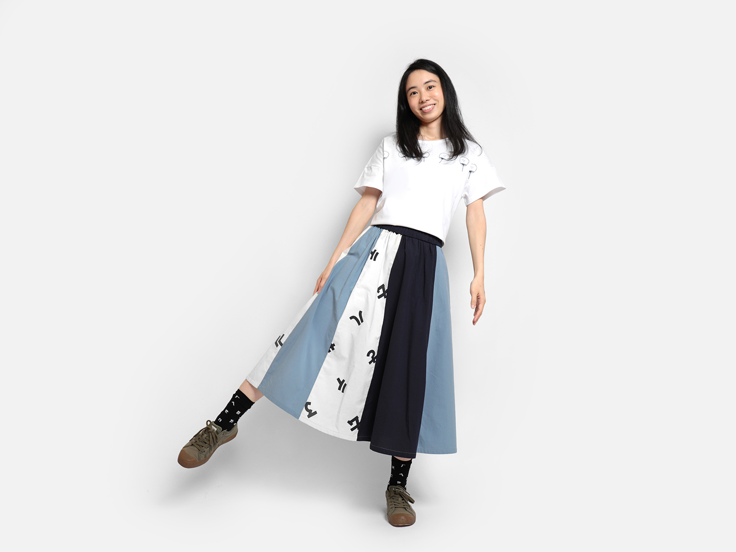 扇子排排站印花-注音印花撞色拼接裙