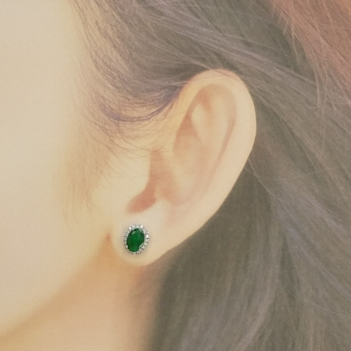 全新18K白金【主石1卡49份綠寶石】配21份鑽石耳環