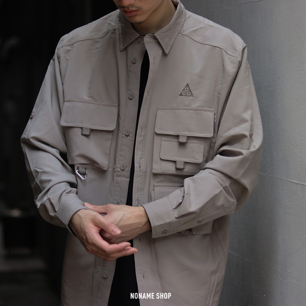 NIKE ACG 經典 小LOGO 復古 工裝 多口袋 戶外 機能 長袖 襯衫 卡其灰