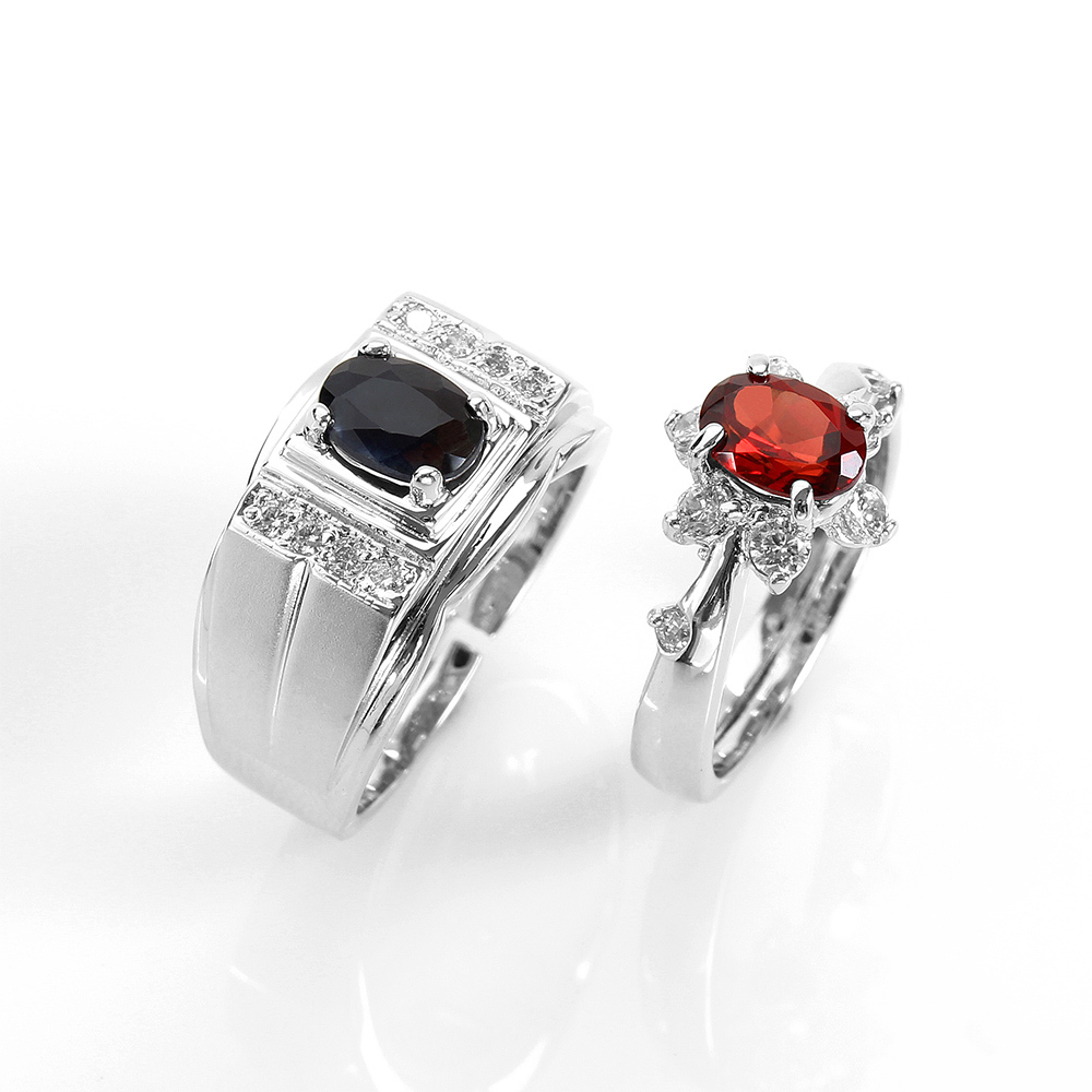 【雅紅珠寶】甜蜜傳情天然1克拉黑藍寶石/1克拉紅榴石對戒-活圍設計-R0179