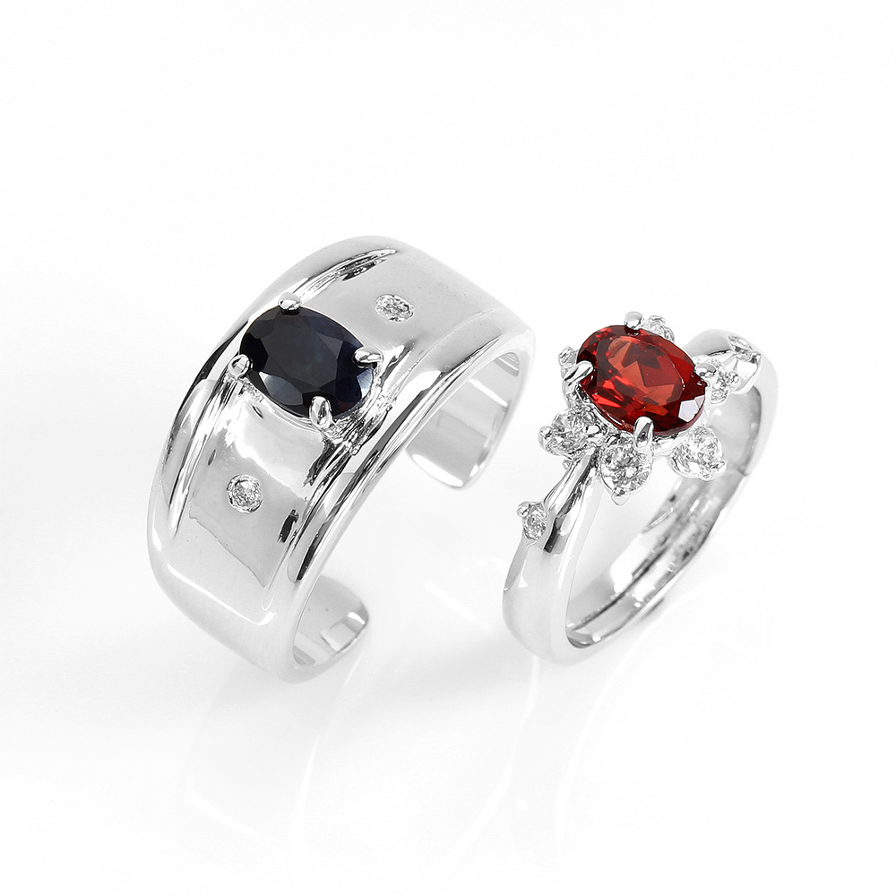 【雅紅珠寶】簡約男女天然1克拉黑藍寶石+1克拉紅榴石對戒-R0180
