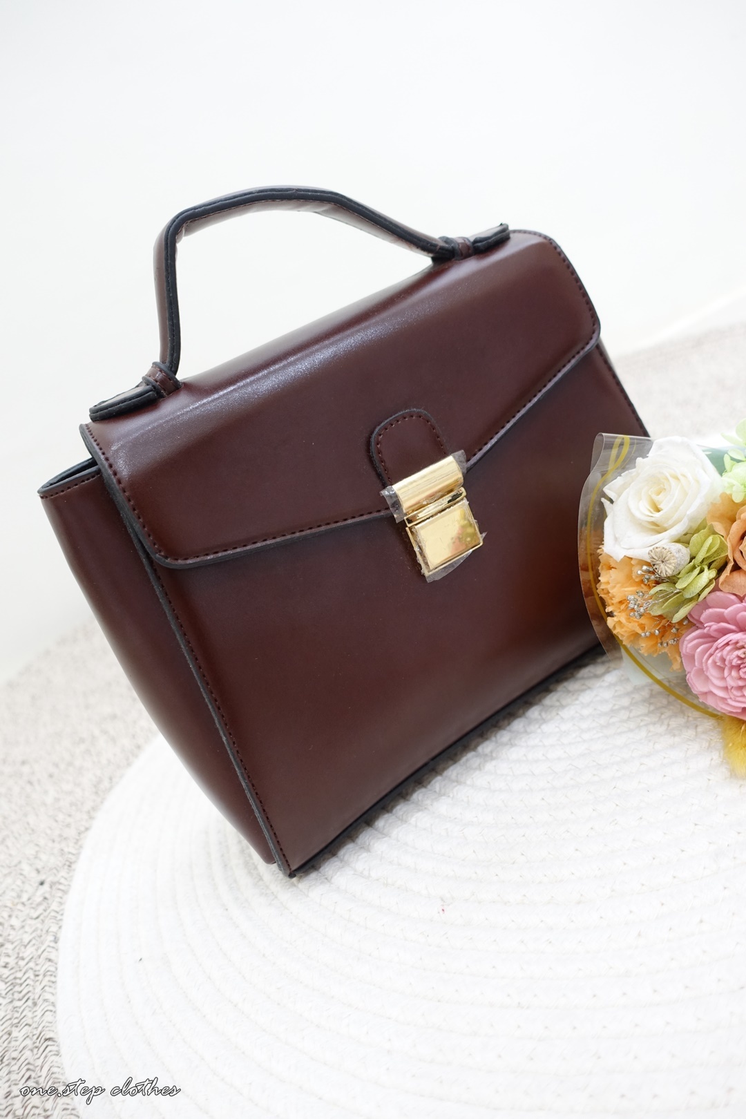 正韓復古質感金釦包 (酒紅)