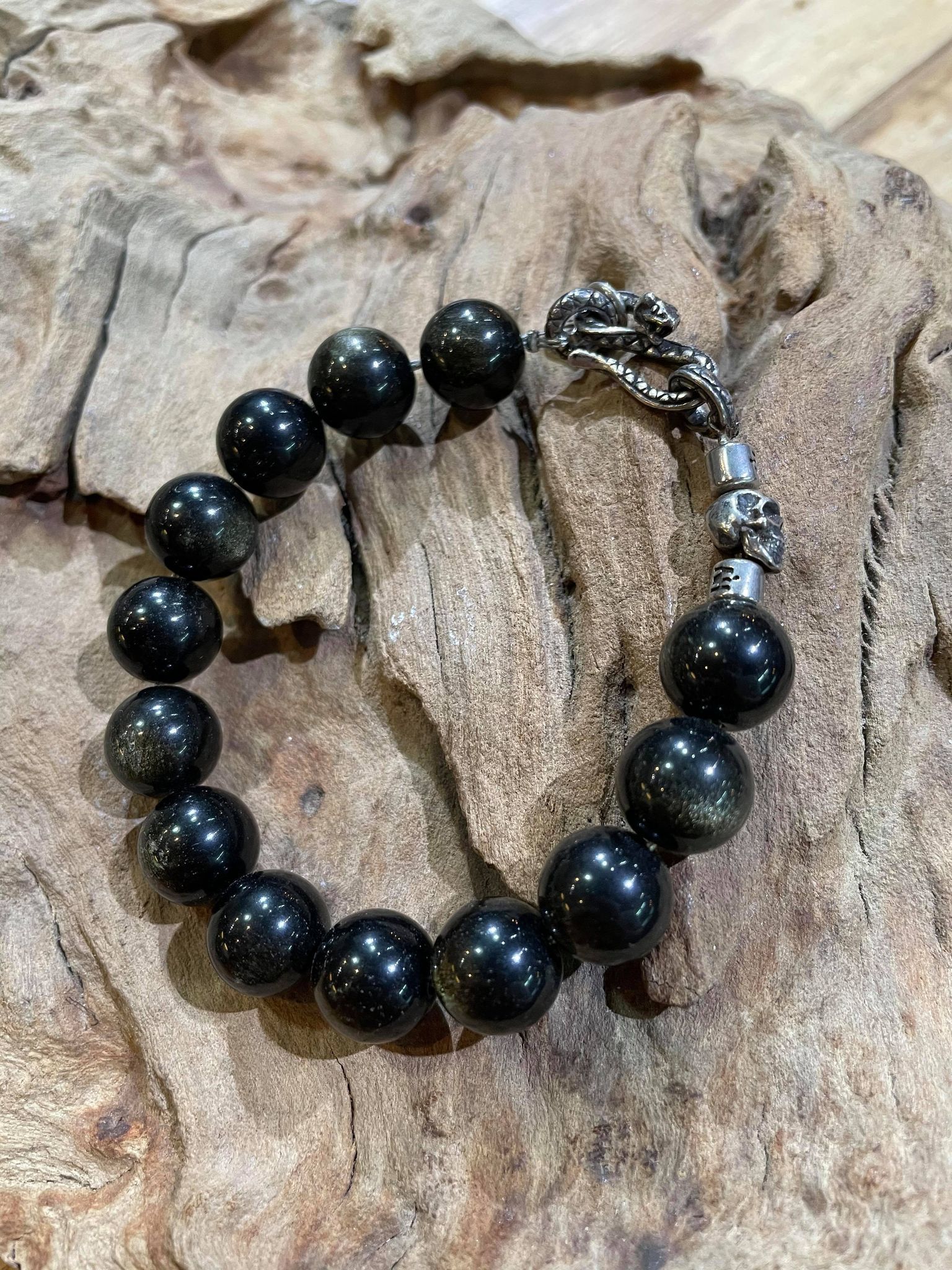Black Venom Jewelry- 12mm Black/Gold Obsidian Beads 黑曜石(金曜)串珠手鍊。