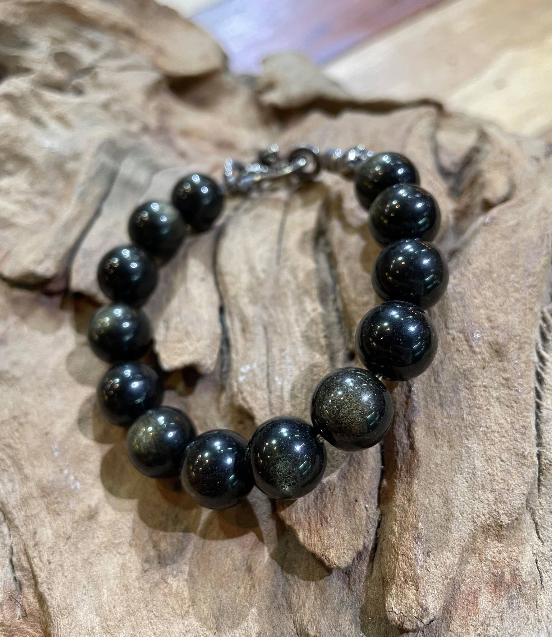 Black Venom Jewelry- 12mm Black/Gold Obsidian Beads 黑曜石(金曜)串珠手鍊。