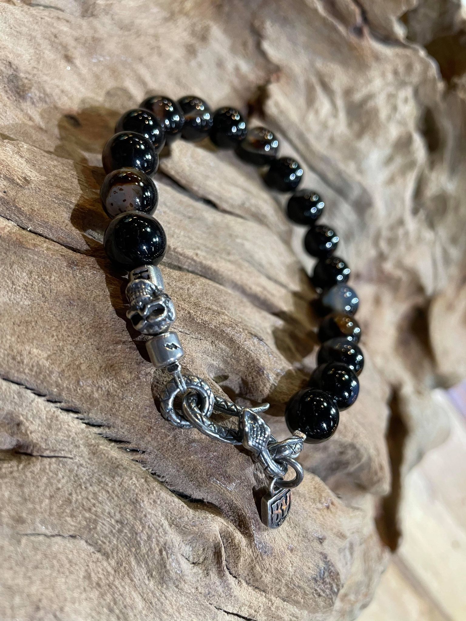 Black Venom Jewelry-10mm Black Agate 花黑瑪瑙串珠手鍊。