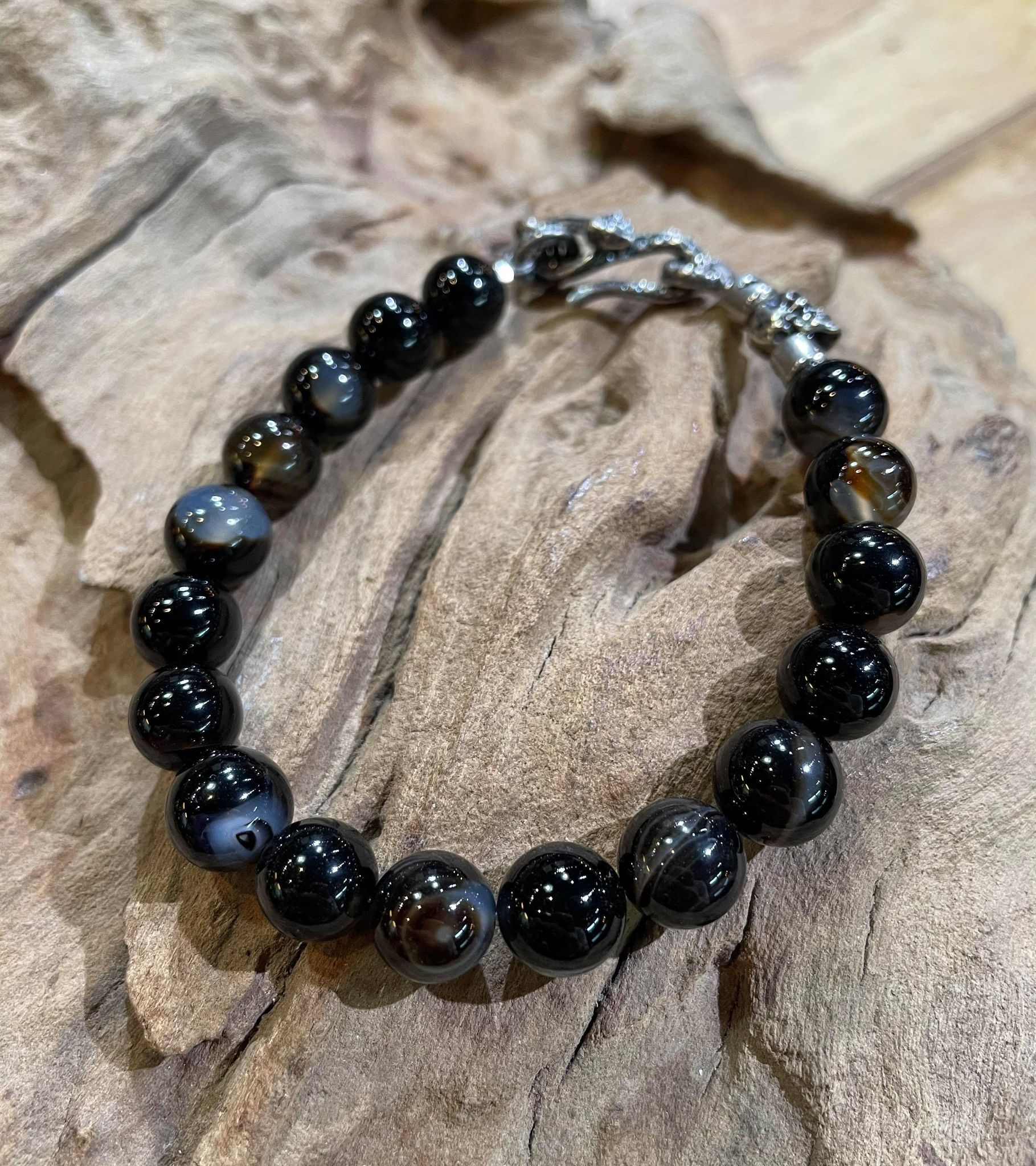 Black Venom Jewelry-10mm Black Agate 花黑瑪瑙串珠手鍊。