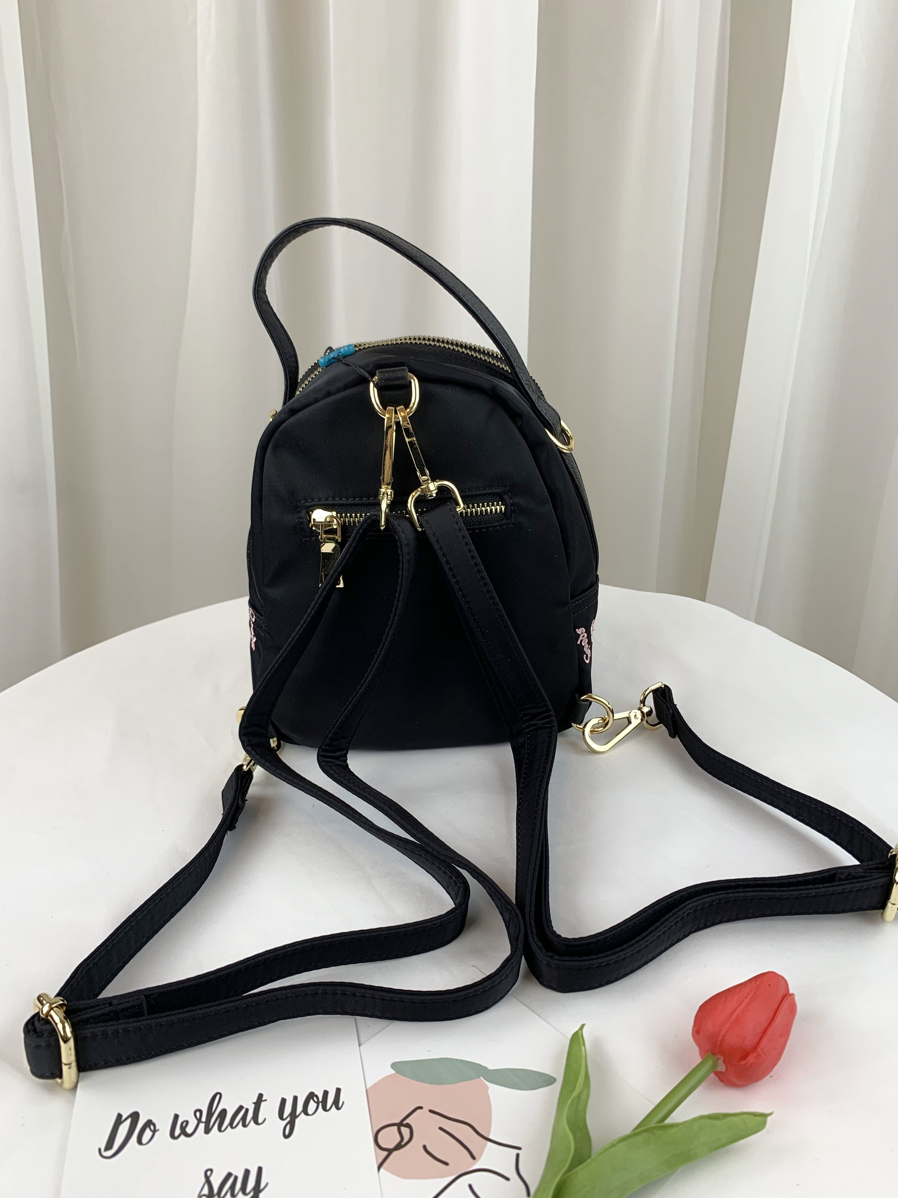 GOODS 黑粉蝴蝶結尼龍三用手提包 / 側背包 / 後背包  #6123