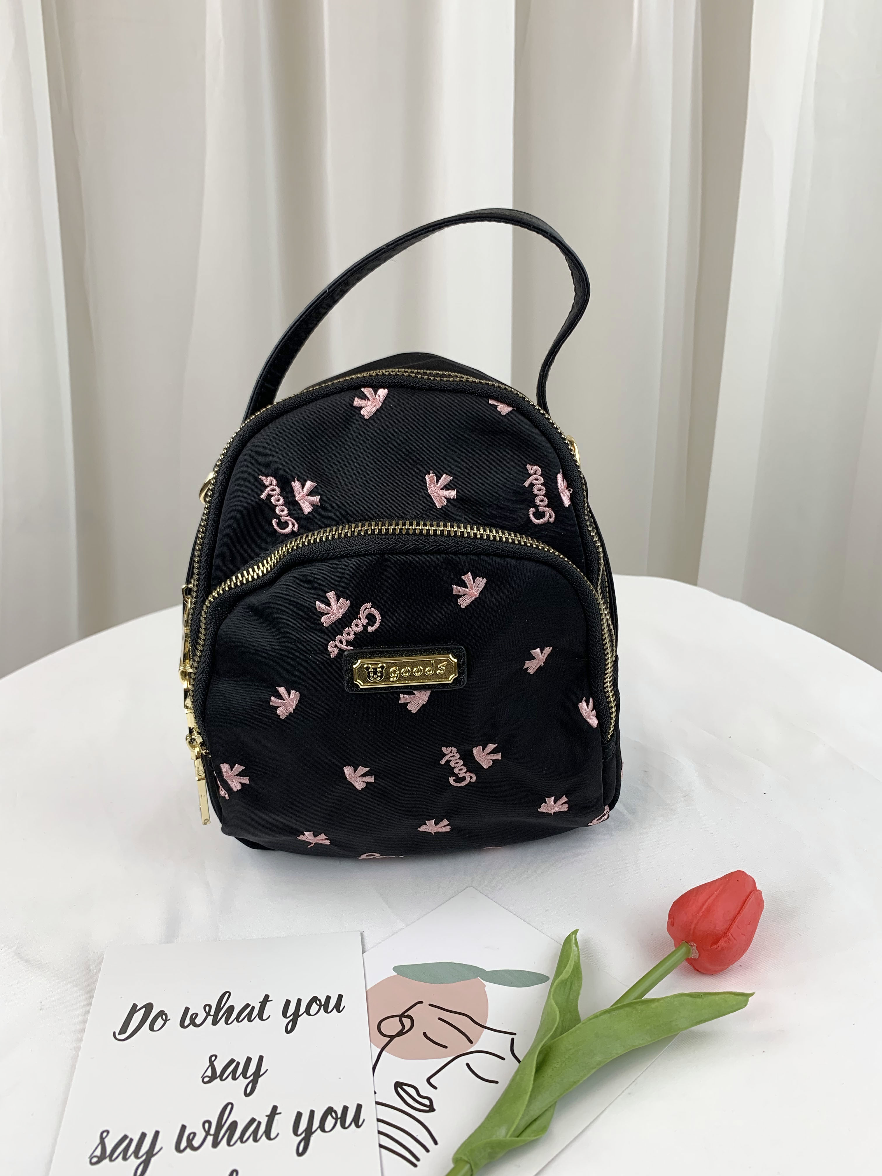 GOODS 黑粉蝴蝶結尼龍三用手提包 / 側背包 / 後背包  #6123