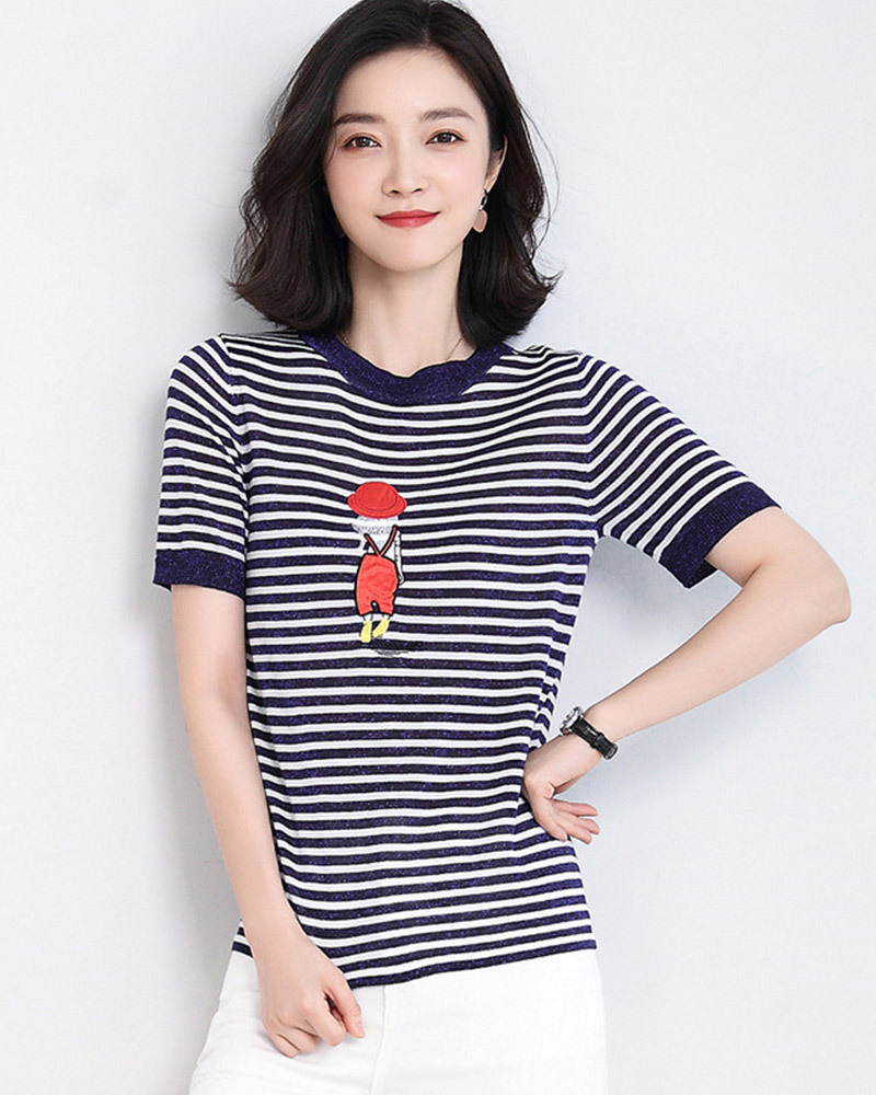 藏青L【零碼出清不退換】女孩刺繡條紋金絲針織上衣