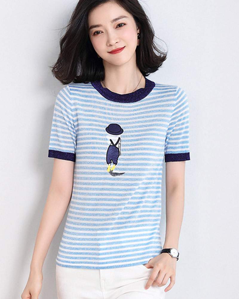 藏青L【零碼出清不退換】女孩刺繡條紋金絲針織上衣