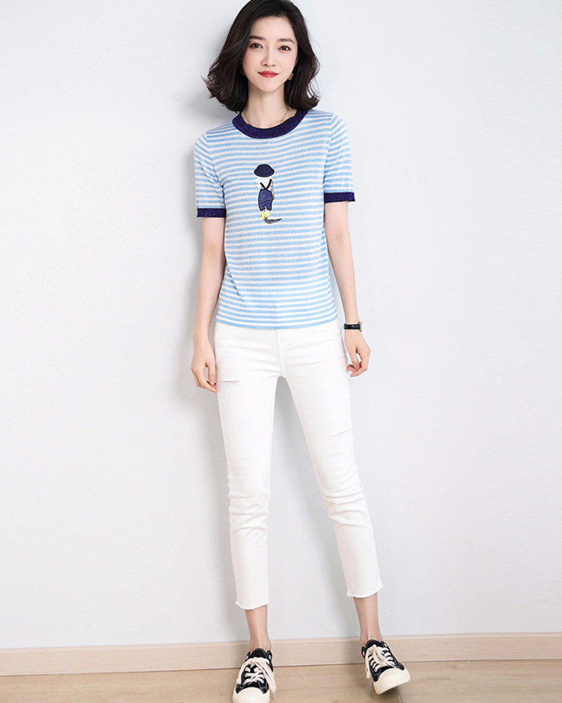 DEER.W 女孩刺繡條紋金絲針織上衣 淺藍