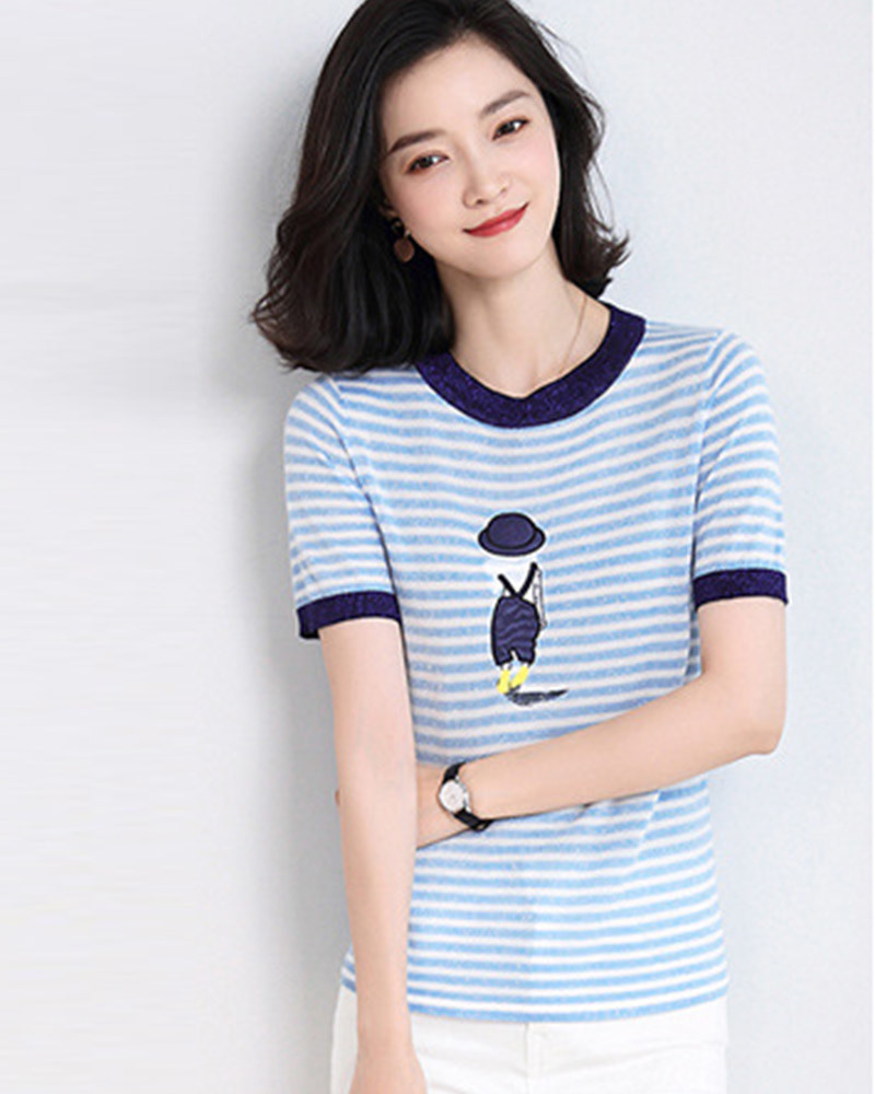 DEER.W 女孩刺繡條紋金絲針織上衣 淺藍