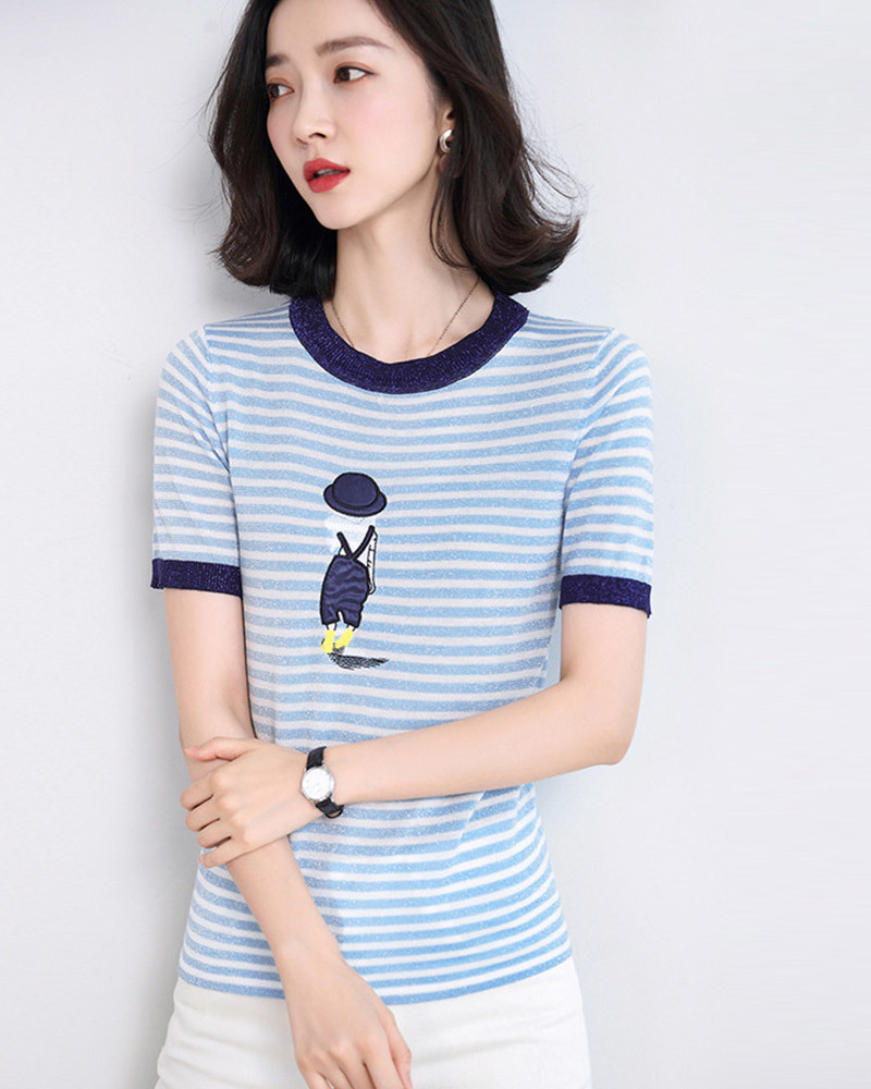 DEER.W 女孩刺繡條紋金絲針織上衣 淺藍