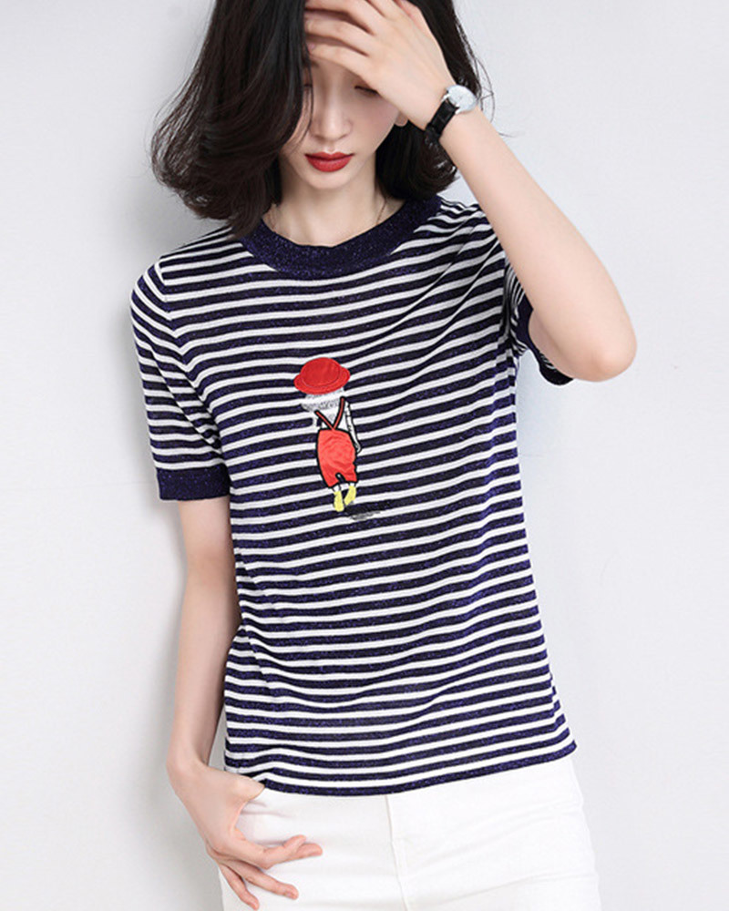 DEER.W 女孩刺繡條紋金絲針織上衣 藏青