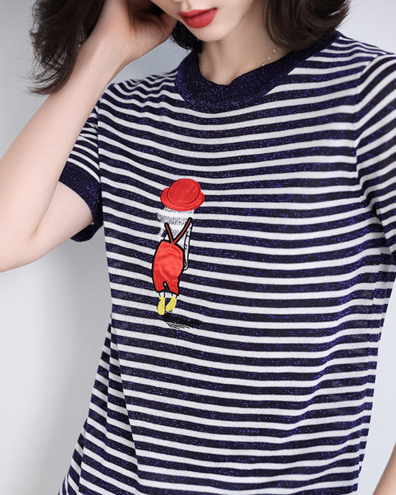 DEER.W 女孩刺繡條紋金絲針織上衣 藏青