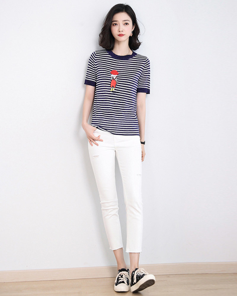 DEER.W 女孩刺繡條紋金絲針織上衣 藏青