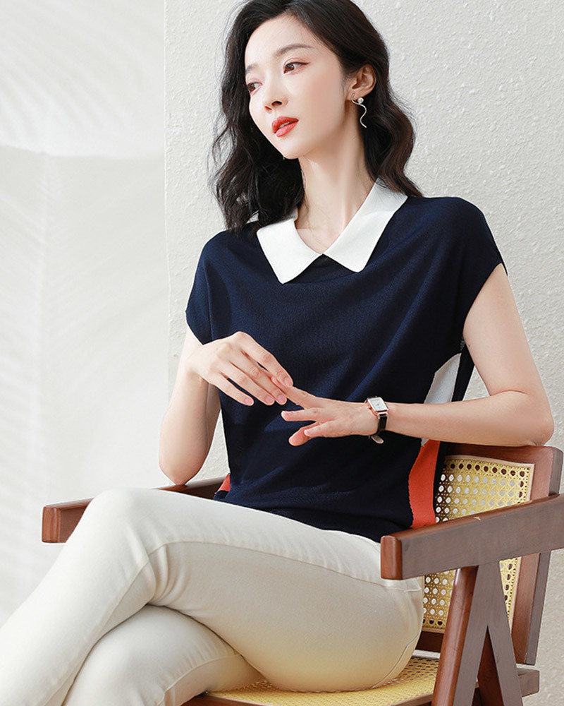 白2XL【零碼出清不退換】翻領配色冰絲針織上衣