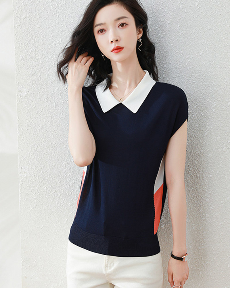 DEER.W 翻領配色冰絲針織上衣 藏青