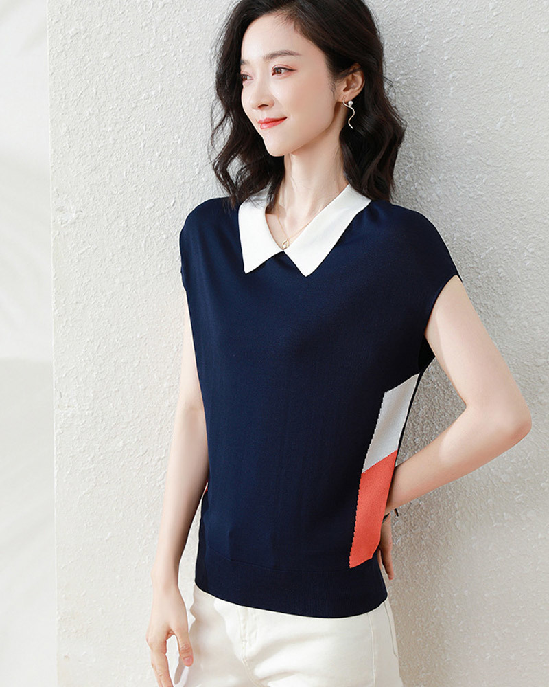 DEER.W 翻領配色冰絲針織上衣 藏青